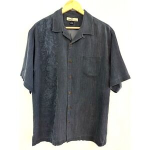 Tommy Bahama 100% Silk Mens Shirt Button Up Sz M Gray Hawaiian Palm Trees